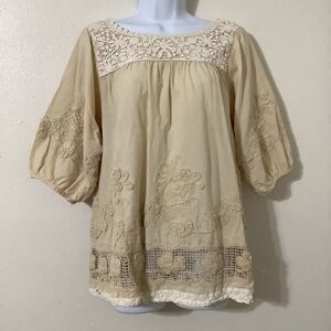 Cream Bohemian Lagenlook Cottagecore Coastal Cowgirl Crochet Festival Blouse L